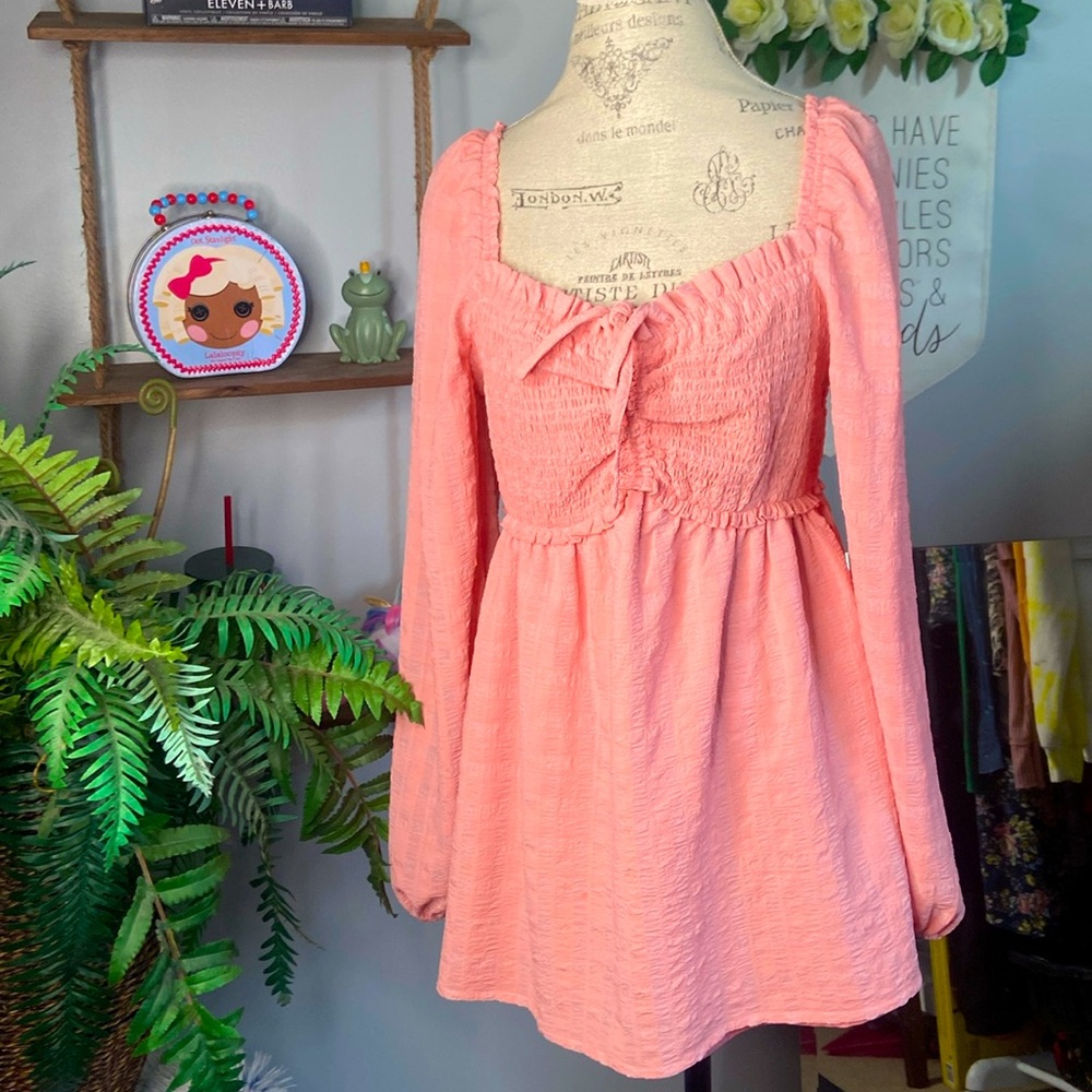 Forever 21 PLUS 0X Peach Mini Babydoll Dress Puff Sleeves Modesty Liner